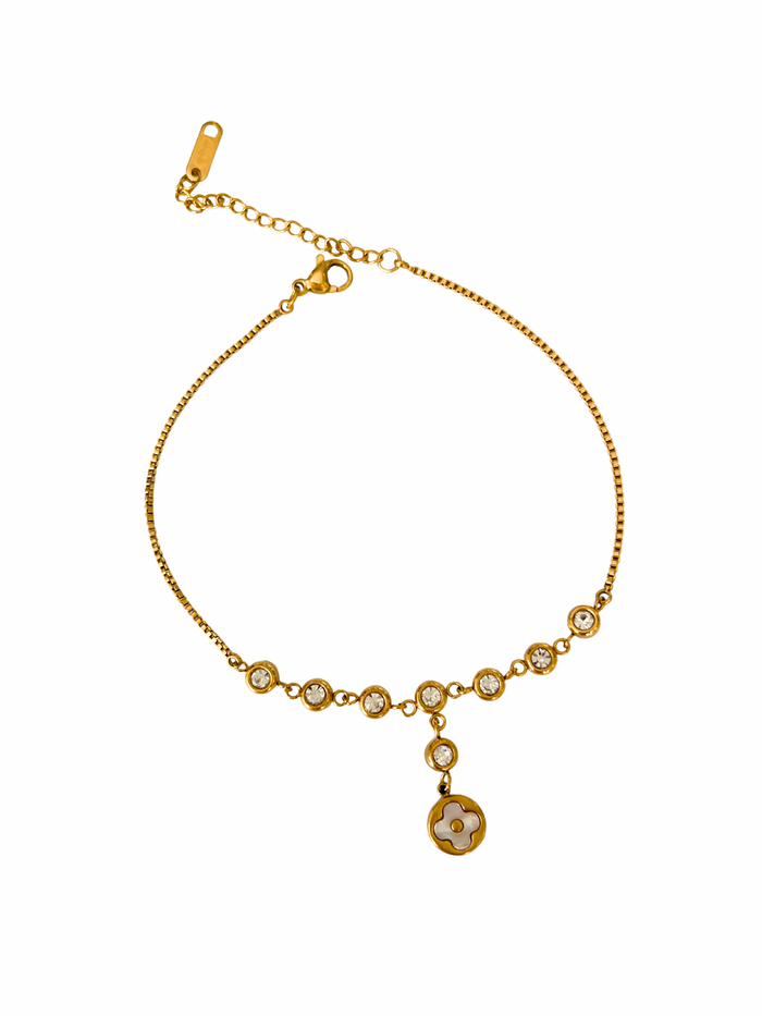 crystal anklet bezel set flower charm gold plated enamel detail adjustable extender minimalist delicate elegant everyday jewelry JL-004