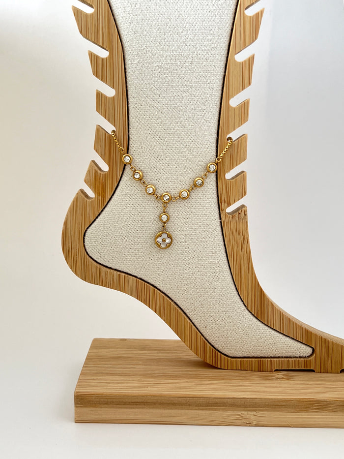 crystal anklet bezel set flower charm gold plated enamel detail adjustable extender minimalist delicate elegant everyday jewelry JL-004