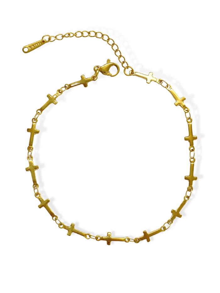 cross anklet gold plated mini cross charms station chain adjustable extender dainty style minimalist jewelry everyday wear stacking friendly gift for her JL-005