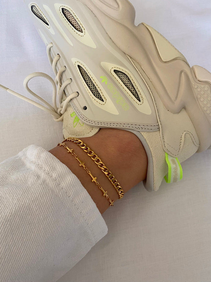 cross anklet gold plated mini cross charms station chain adjustable extender dainty style minimalist jewelry everyday wear stacking friendly gift for her JL-005