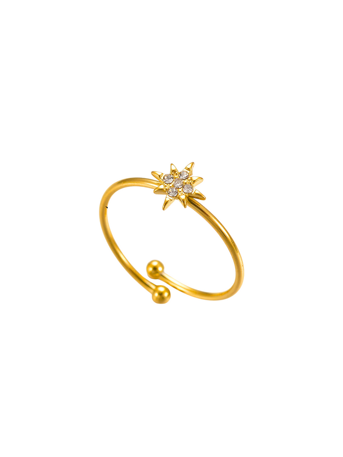 starburst ring gold plated adjustable band pave zircon dainty jewelry minimalist style sun motif open ended everyday wear gift for her JZ-023