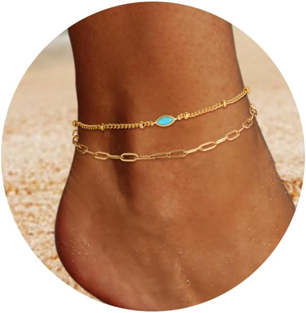 Ankle Bracelets for Women 18K Gold Marquise Opal Layered Anklets No Tarnish Summer Beach Jewelry Gift JL-007
