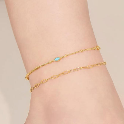 Ankle Bracelets for Women 18K Gold Marquise Opal Layered Anklets No Tarnish Summer Beach Jewelry Gift JL-007