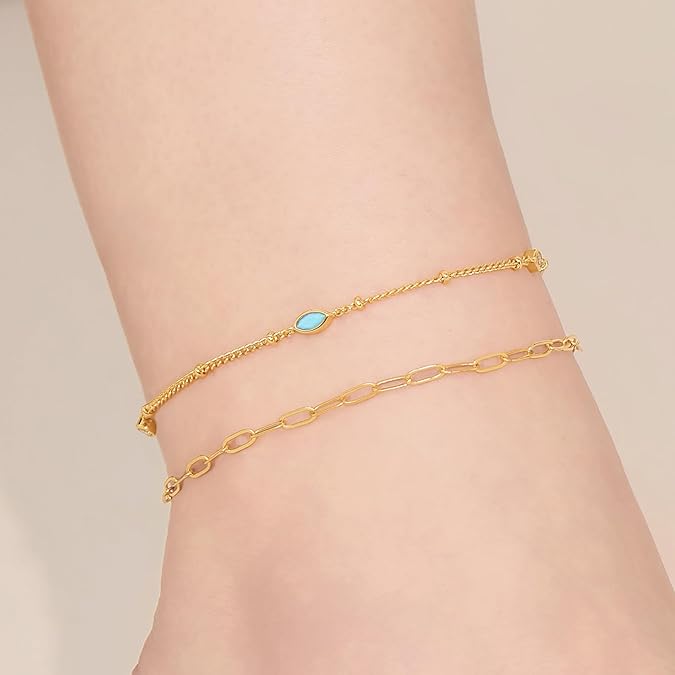 Ankle Bracelets for Women 18K Gold Marquise Opal Layered Anklets No Tarnish Summer Beach Jewelry Gift JL-007