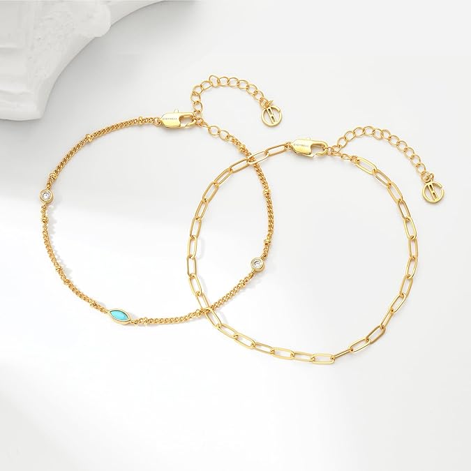 Ankle Bracelets for Women 18K Gold Marquise Opal Layered Anklets No Tarnish Summer Beach Jewelry Gift JL-007