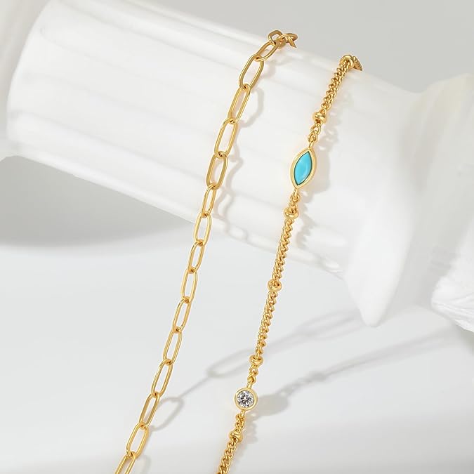 Ankle Bracelets for Women 18K Gold Marquise Opal Layered Anklets No Tarnish Summer Beach Jewelry Gift JL-007