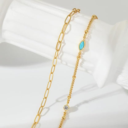 Ankle Bracelets for Women 18K Gold Marquise Opal Layered Anklets No Tarnish Summer Beach Jewelry Gift JL-007