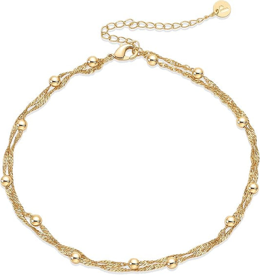 14K Gold Plated Charm Link Chain Anklets for Women | Dainty Cubic Zirconia Boho Dot Evil Eye Star Station Solitaire Pearl Beaded Festival Adjustable Gold Anklets JL-008