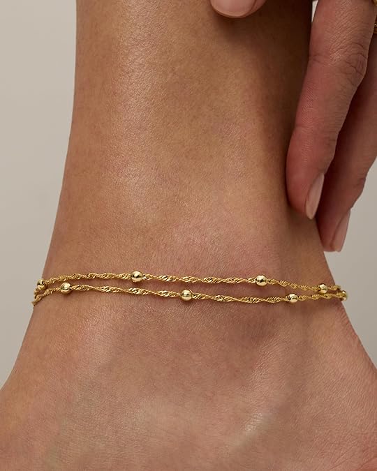14K Gold Plated Charm Link Chain Anklets for Women | Dainty Cubic Zirconia Boho Dot Evil Eye Star Station Solitaire Pearl Beaded Festival Adjustable Gold Anklets JL-008