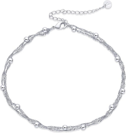 14K Gold Plated Charm Link Chain Anklets for Women | Dainty Cubic Zirconia Boho Dot Evil Eye Star Station Solitaire Pearl Beaded Festival Adjustable Gold Anklets JL-008