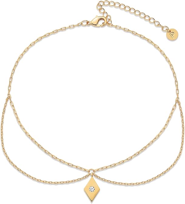 14K Gold Plated Charm Link Chain Anklets for Women | Dainty Cubic Zirconia Boho Dot Evil Eye Star Station Solitaire Pearl Beaded Festival Adjustable Gold Anklets JL-009