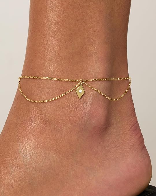 14K Gold Plated Charm Link Chain Anklets for Women | Dainty Cubic Zirconia Boho Dot Evil Eye Star Station Solitaire Pearl Beaded Festival Adjustable Gold Anklets JL-009