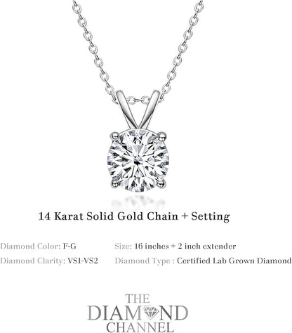 The Diamond Channel Certified LAB GROWN 0.25-2.00ct Diamond Necklace for Women, 14 Karat Solid Gold 4-Prong Diamond Necklace, Gold Necklace For Women (F-G Color, VS1-VS2 Clarity) XL-048