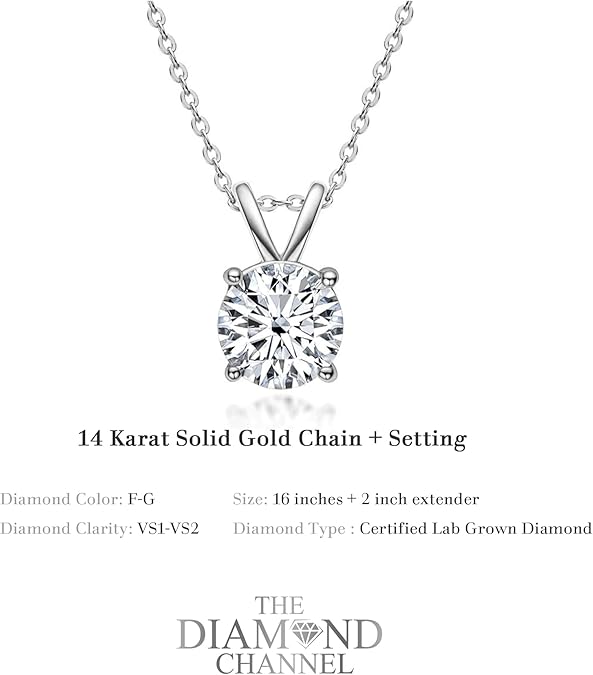 The Diamond Channel Certified LAB GROWN 0.25-2.00ct Diamond Necklace for Women, 14 Karat Solid Gold 4-Prong Diamond Necklace, Gold Necklace For Women (F-G Color, VS1-VS2 Clarity) XL-048