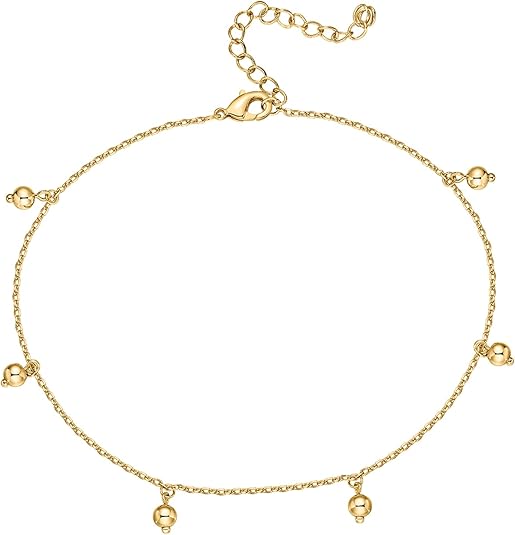 14K Gold Plated Charm Link Chain Anklets for Women | Dainty Cubic Zirconia Boho Dot Evil Eye Star Station Solitaire Pearl Beaded Festival Adjustable Gold Anklets JL-010