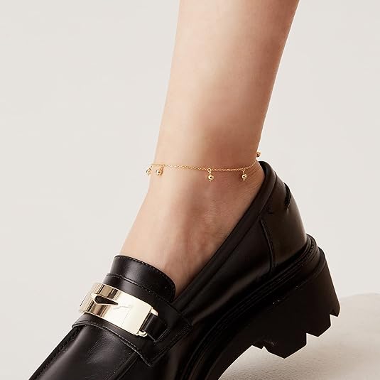 14K Gold Plated Charm Link Chain Anklets for Women | Dainty Cubic Zirconia Boho Dot Evil Eye Star Station Solitaire Pearl Beaded Festival Adjustable Gold Anklets JL-010