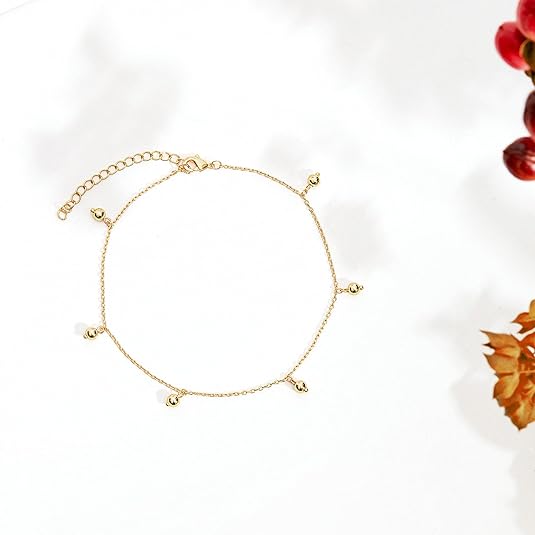 14K Gold Plated Charm Link Chain Anklets for Women | Dainty Cubic Zirconia Boho Dot Evil Eye Star Station Solitaire Pearl Beaded Festival Adjustable Gold Anklets JL-010