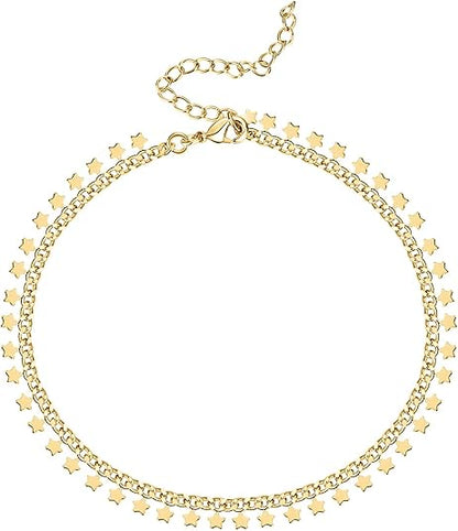 Gold Plated Charm Link Chain Anklets for Women | Dainty Cubic Zirconia Boho Dot Evil Eye Star Station Solitaire Pearl Beaded Festival Adjustable Gold Anklets JL-012