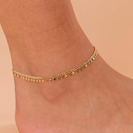Gold Plated Charm Link Chain Anklets for Women | Dainty Cubic Zirconia Boho Dot Evil Eye Star Station Solitaire Pearl Beaded Festival Adjustable Gold Anklets JL-012