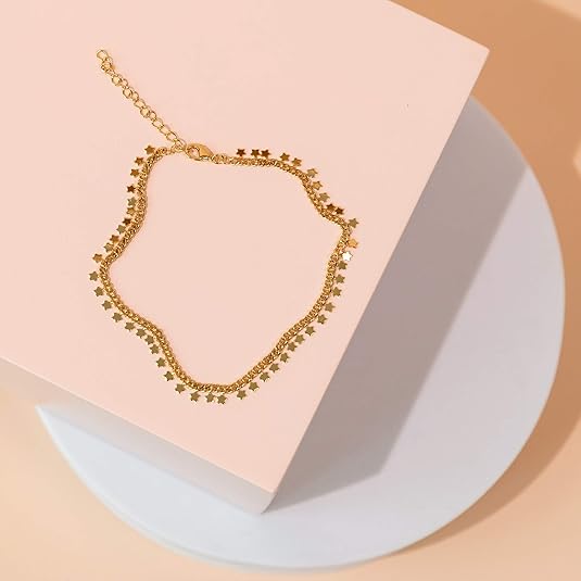 Gold Plated Charm Link Chain Anklets for Women | Dainty Cubic Zirconia Boho Dot Evil Eye Star Station Solitaire Pearl Beaded Festival Adjustable Gold Anklets JL-012