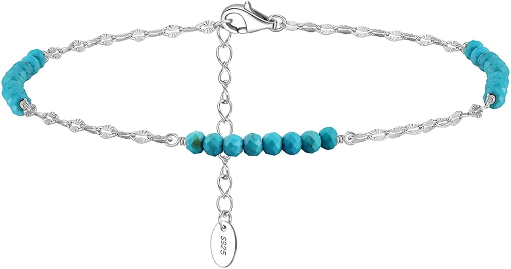 3mm Bead Turquoise Anklet 925 Sterling Silver Gold Plated Adjustable for Women Gift JL-013