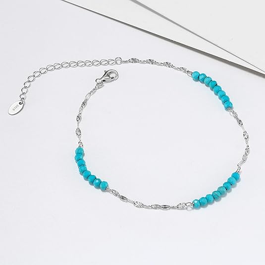 3mm Bead Turquoise Anklet 925 Sterling Silver Gold Plated Adjustable for Women Gift JL-013