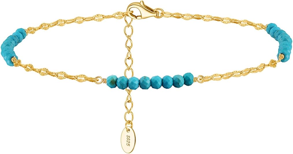 3mm Bead Turquoise Anklet 925 Sterling Silver Gold Plated Adjustable for Women Gift JL-013
