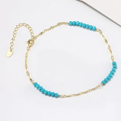 3mm Bead Turquoise Anklet 925 Sterling Silver Gold Plated Adjustable for Women Gift JL-013