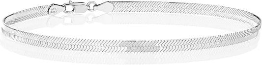 925 Sterling Silver Italian Solid 3.5mm Flexible Flat Herringbone Link Chain Anklet Ankle Bracelet for Women, Made in Italy JL -014