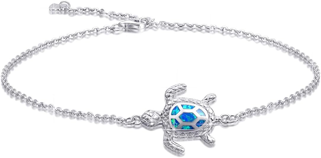 Blue Opal Sea Turtle Ankle Bracelet, Sterling Silver Anklet Necklace Jewelry Set For Women Gifts New Version 4 Level Adjustable Anklet JL-015