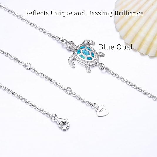 Blue Opal Sea Turtle Ankle Bracelet, Sterling Silver Anklet Necklace Jewelry Set For Women Gifts New Version 4 Level Adjustable Anklet JL-015