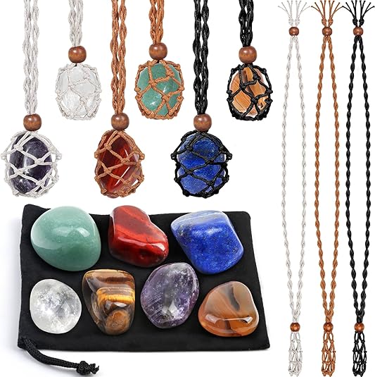 Crystals Necklace Holders and Healing Stones Set, 6Pcs Adjustable Crystal Cage with 7 Chakra Crystals and Healing Stones for Yoga, Meditation, Jewelry Gift and Home Decor XL-049