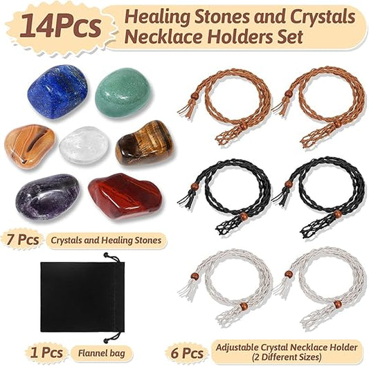 Crystals Necklace Holders and Healing Stones Set, 6Pcs Adjustable Crystal Cage with 7 Chakra Crystals and Healing Stones for Yoga, Meditation, Jewelry Gift and Home Decor XL-049