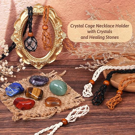 Crystals Necklace Holders and Healing Stones Set, 6Pcs Adjustable Crystal Cage with 7 Chakra Crystals and Healing Stones for Yoga, Meditation, Jewelry Gift and Home Decor XL-049