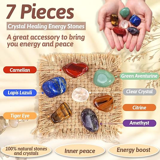 Crystals Necklace Holders and Healing Stones Set, 6Pcs Adjustable Crystal Cage with 7 Chakra Crystals and Healing Stones for Yoga, Meditation, Jewelry Gift and Home Decor XL-049