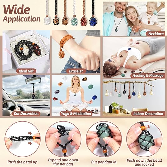 Crystals Necklace Holders and Healing Stones Set, 6Pcs Adjustable Crystal Cage with 7 Chakra Crystals and Healing Stones for Yoga, Meditation, Jewelry Gift and Home Decor XL-049