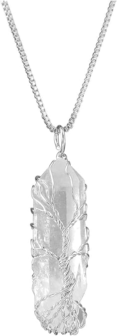 925 Sterling Silver chain Natural Raw Stone Healing Crystal Necklace Silver Life Tree Wire Wrapped Clear Quartz Point Pendant For Womens Ladies XL-050
