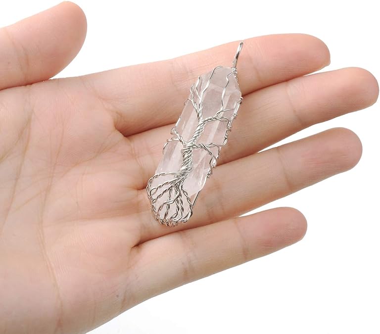 925 Sterling Silver chain Natural Raw Stone Healing Crystal Necklace Silver Life Tree Wire Wrapped Clear Quartz Point Pendant For Womens Ladies XL-050