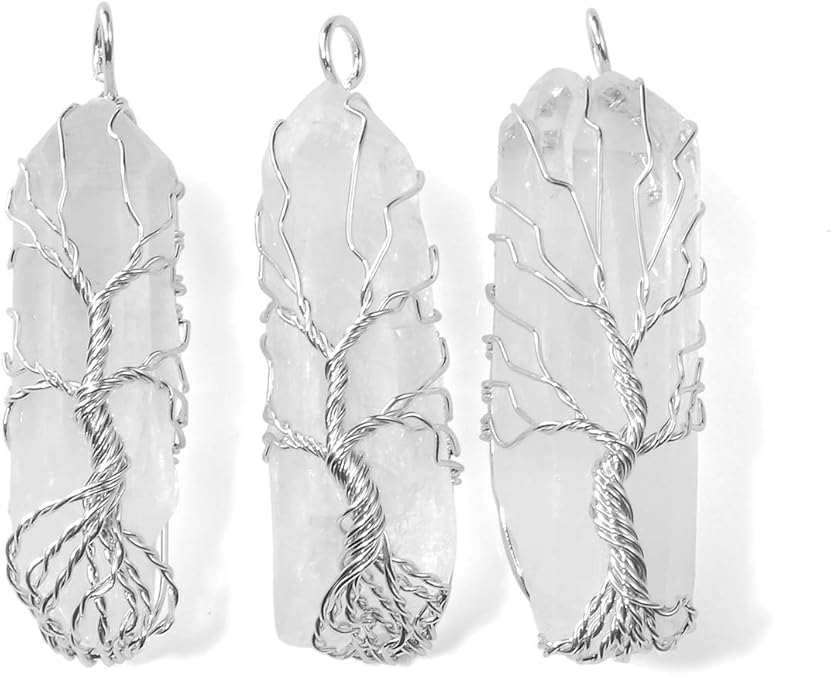 925 Sterling Silver chain Natural Raw Stone Healing Crystal Necklace Silver Life Tree Wire Wrapped Clear Quartz Point Pendant For Womens Ladies XL-050