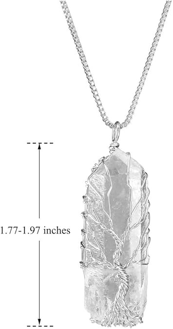 925 Sterling Silver chain Natural Raw Stone Healing Crystal Necklace Silver Life Tree Wire Wrapped Clear Quartz Point Pendant For Womens Ladies XL-050