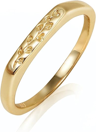 14K Gold Plated Signet Rings for Women Non Tarnish 925 Sterling Silver Dainty Stackable Gold Ring, Waterproof Engraved Flower Thin Band Unique Everyday Jewelry Gift JZ-029