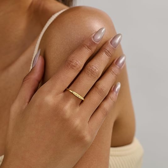 14K Gold Plated Signet Rings for Women Non Tarnish 925 Sterling Silver Dainty Stackable Gold Ring, Waterproof Engraved Flower Thin Band Unique Everyday Jewelry Gift JZ-029