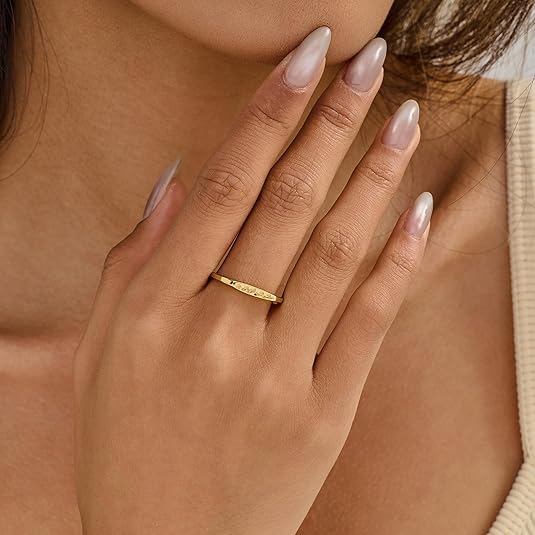 14K Gold Plated Signet Rings for Women Non Tarnish 925 Sterling Silver Dainty Stackable Gold Ring, Waterproof Engraved Flower Thin Band Unique Everyday Jewelry Gift JZ-029
