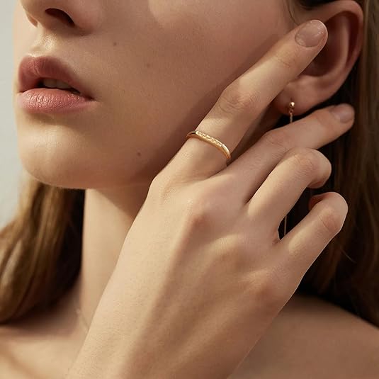 14K Gold Plated Signet Rings for Women Non Tarnish 925 Sterling Silver Dainty Stackable Gold Ring, Waterproof Engraved Flower Thin Band Unique Everyday Jewelry Gift JZ-029