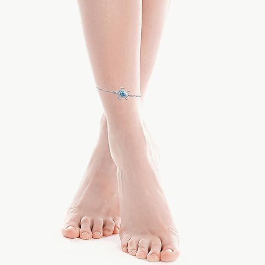 Blue Opal Sea Turtle Ankle Bracelet, Sterling Silver Anklet Necklace Jewelry Set For Women Gifts New Version 4 Level Adjustable Anklet JL-015