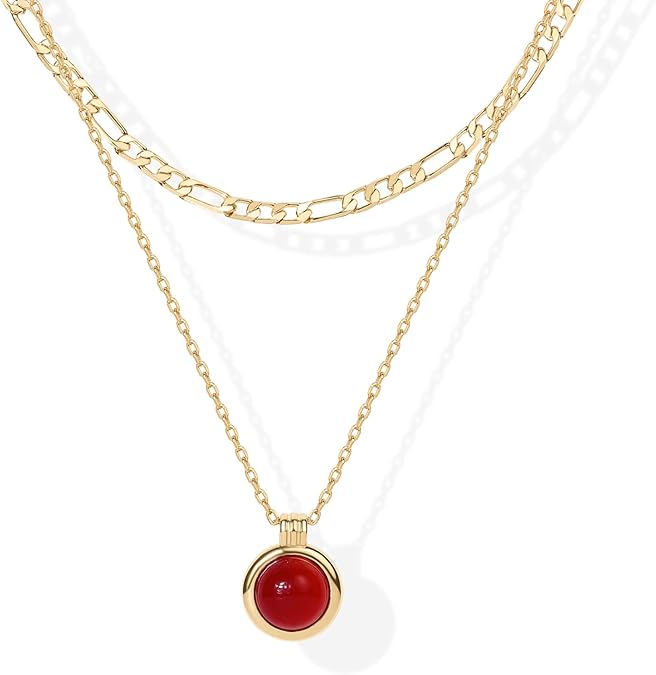925 Sterling Silver chain Plated Layered Necklaces for Women | Gemstone Pendant Figaro Chain Necklace | Carnelian, Green Aventurine, Malachite Layering Necklace XL-028
