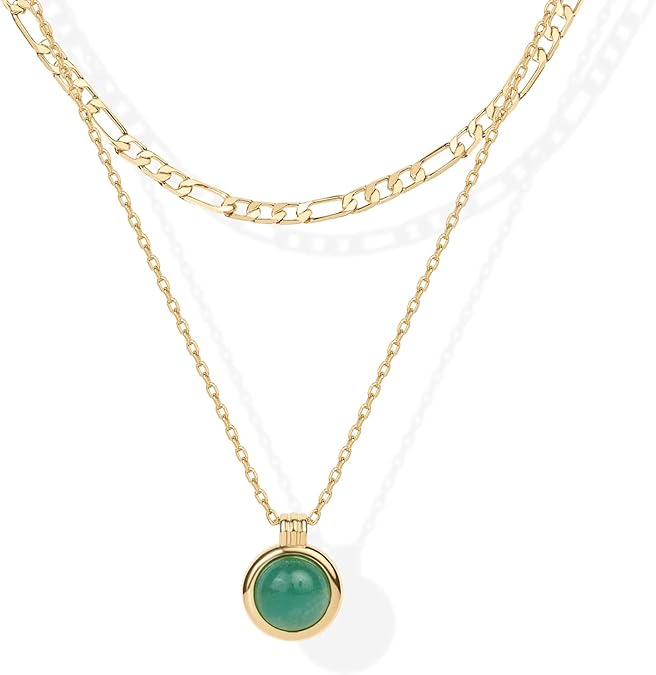 925 Sterling Silver chain Plated Layered Necklaces for Women | Gemstone Pendant Figaro Chain Necklace | Carnelian, Green Aventurine, Malachite Layering Necklace XL-028