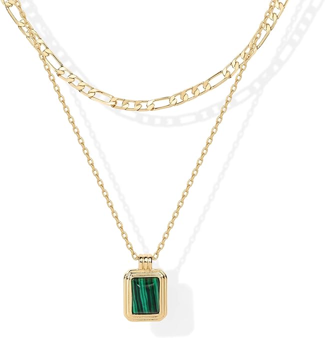 925 Sterling Silver chain Plated Layered Necklaces for Women | Gemstone Pendant Figaro Chain Necklace | Carnelian, Green Aventurine, Malachite Layering Necklace XL-028