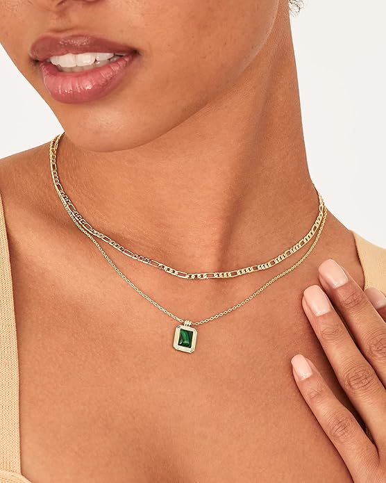 925 Sterling Silver chain Plated Layered Necklaces for Women | Gemstone Pendant Figaro Chain Necklace | Carnelian, Green Aventurine, Malachite Layering Necklace XL-028