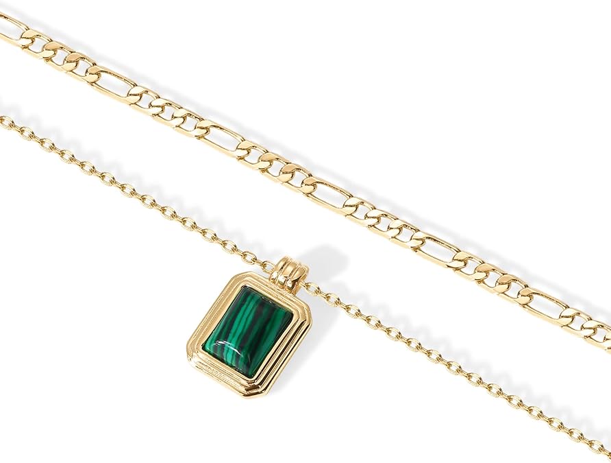 925 Sterling Silver chain Plated Layered Necklaces for Women | Gemstone Pendant Figaro Chain Necklace | Carnelian, Green Aventurine, Malachite Layering Necklace XL-028